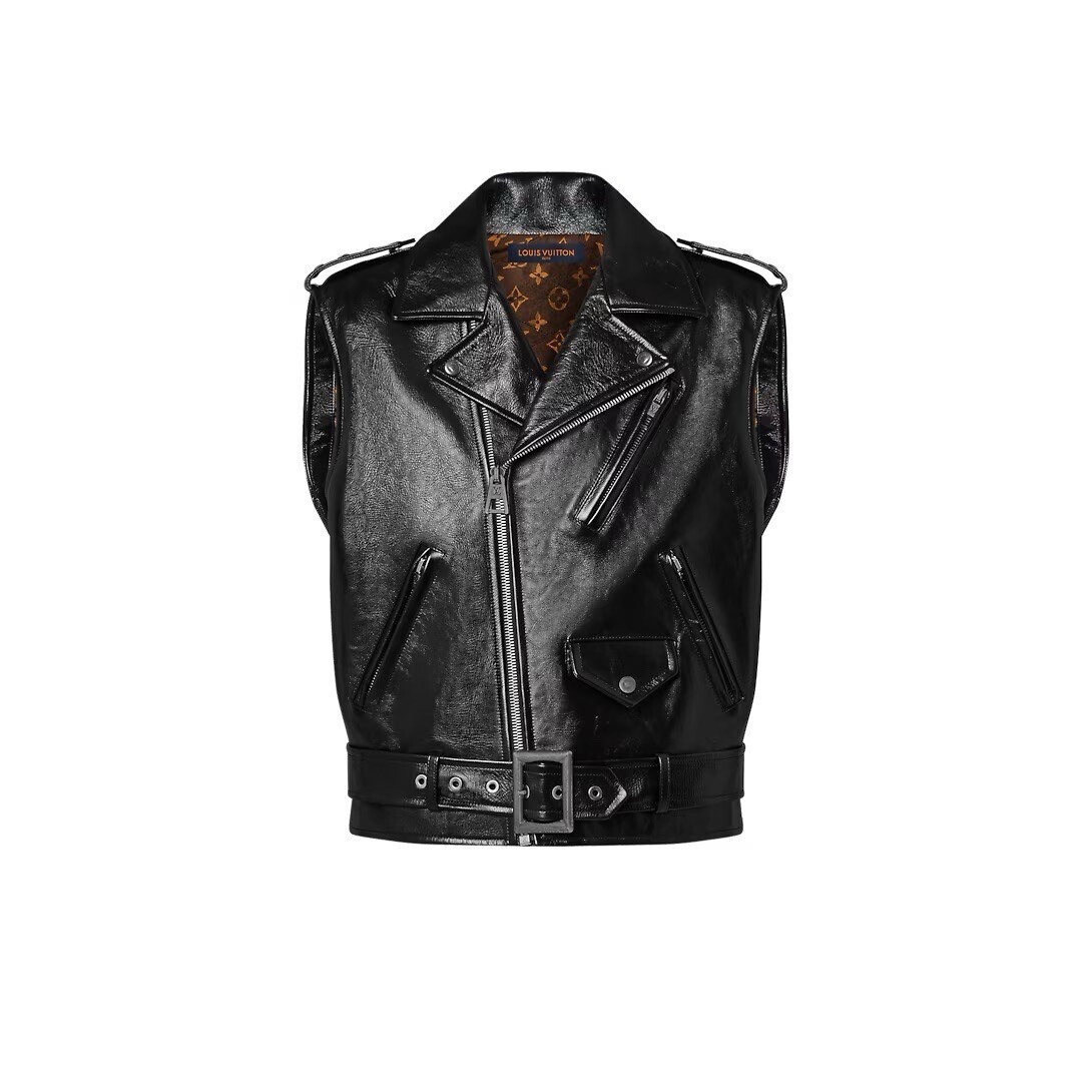 LOUIS VUITTON Sleeveless Grained Leather Biker Jacket