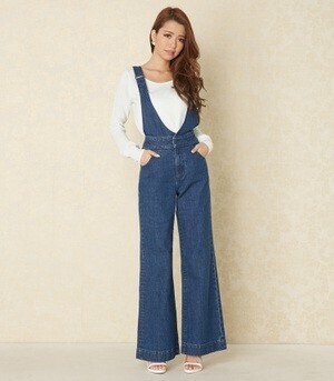 rienda レースアップワイドDENIMサロペット