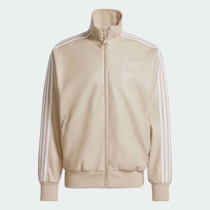 adidas フェイクレザー アディカラー スリーストライプス ルーズ ファイヤーバード トラックスーツジャケット　ワンダーベージュ