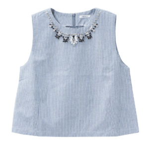 夢展望 ビジュー付ストライプノースリーブ短丈トップス