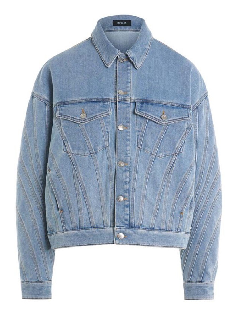 MUGLER blue oversize spiral denim jacket