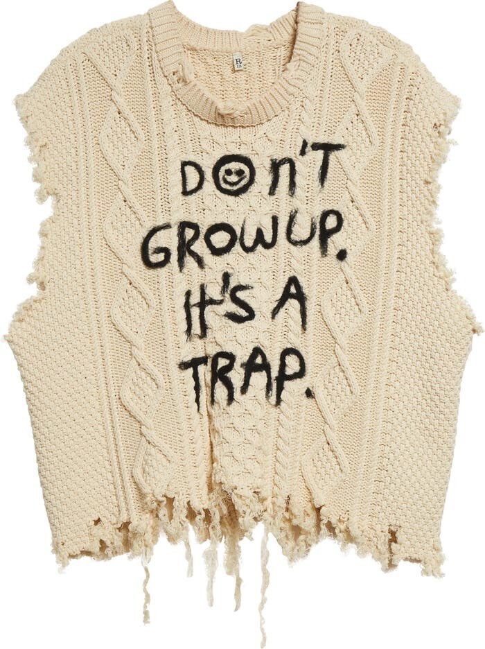 R13 Don't Grow Up Fray Hem Cable Stitch Sweater Vest