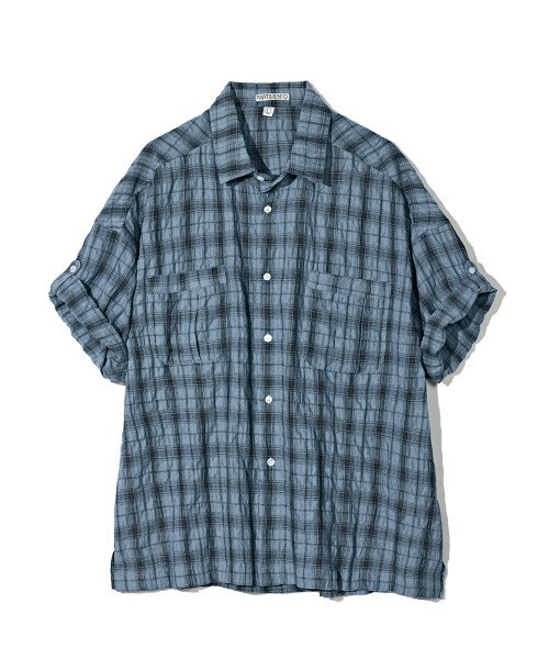 PARTIMENTO Linkle Check Boxy Overfit Rollup Half Shirt Blue
