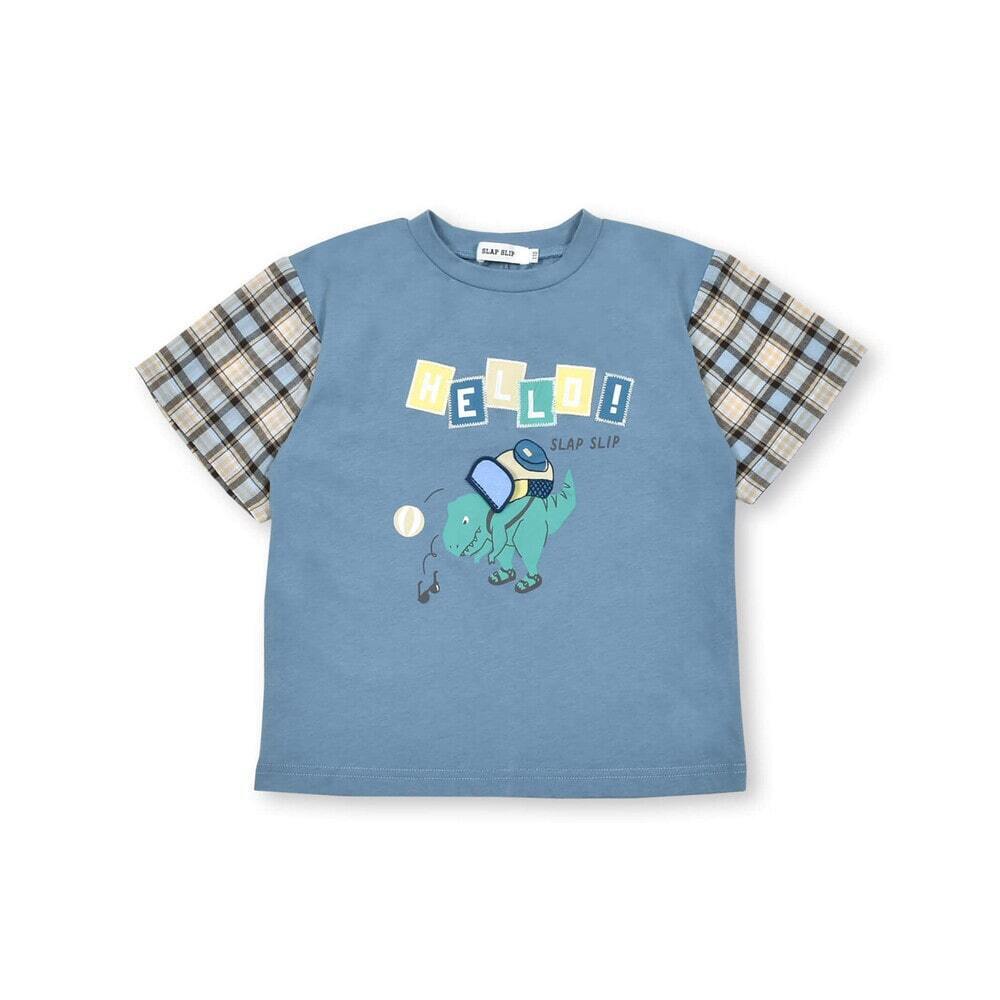 SLAP SLIP 袖チェック柄切り替え恐竜プリント半袖Tシャツ