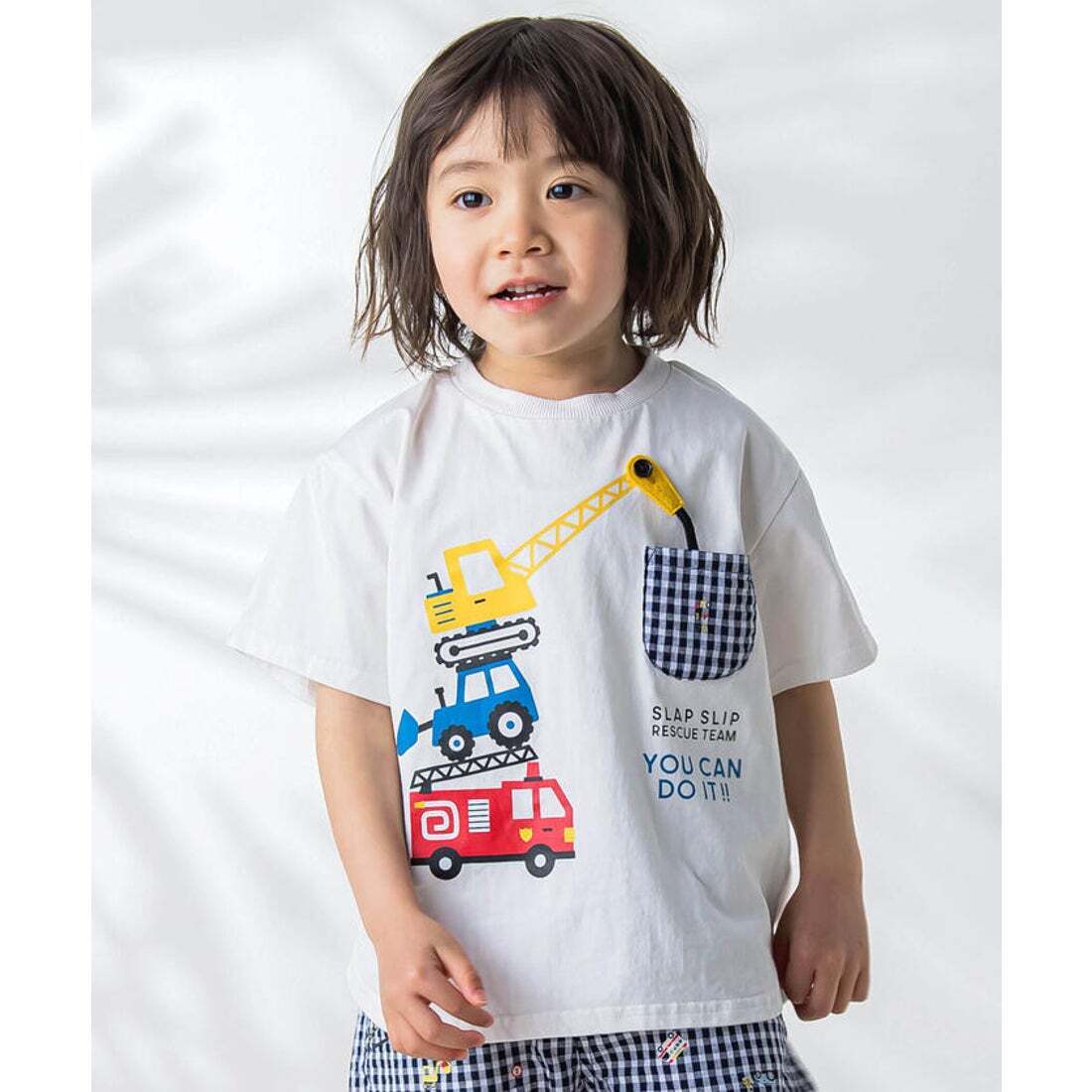 SLAP SLIP はたらくくるまプリント恐竜ひょっこりポケット付き半袖Tシャツ