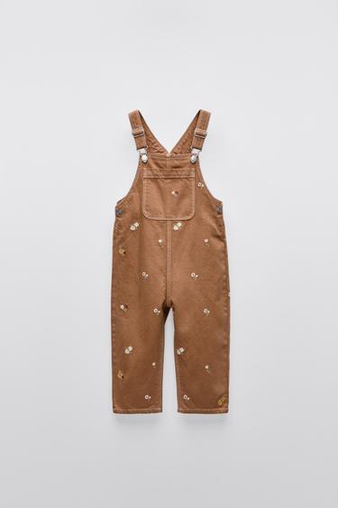 ZARA 花柄刺繍入りツイル地オーバーオール