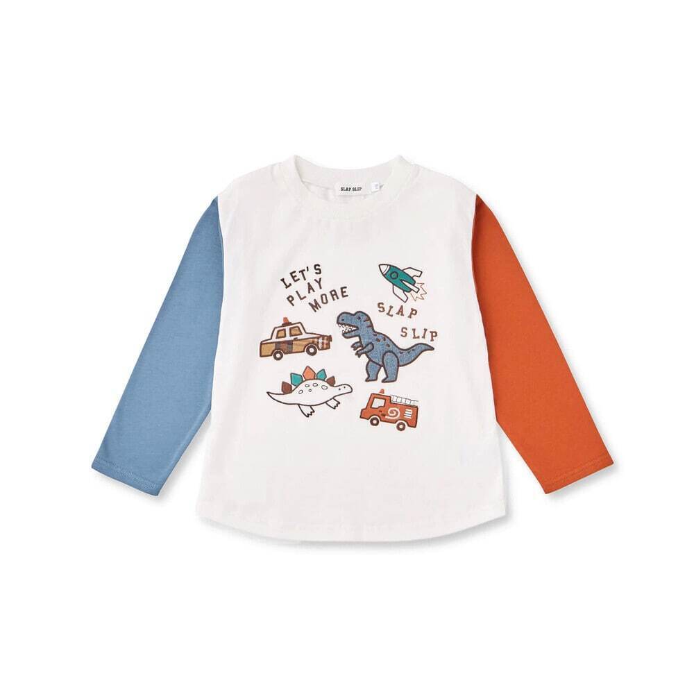 SLAP SLIP はたらくくるま恐竜刺しゅうクレイジー袖切り替えTシャツ