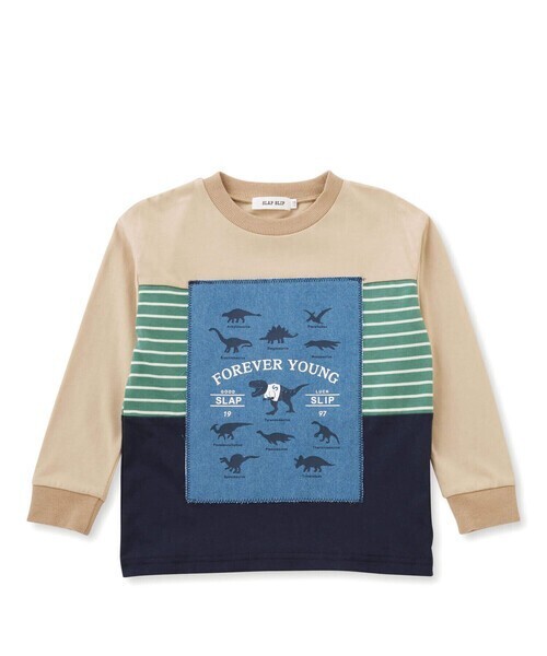 SLAP SLIP 恐竜シルエットプリント刺しゅうボーダー柄切り替えTシャツ