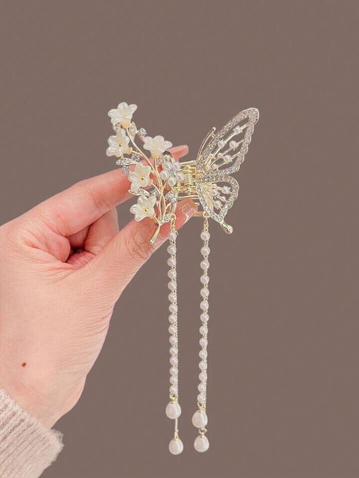 SHEIN 蝶&ユリの花 フェイクパール タッセル ヘアクリップ