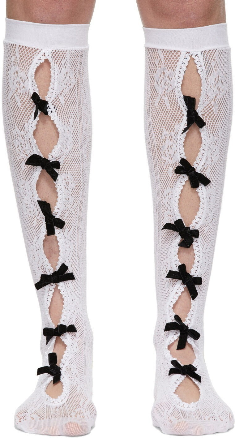 Nodress White Velvet Bow Lace High Socks