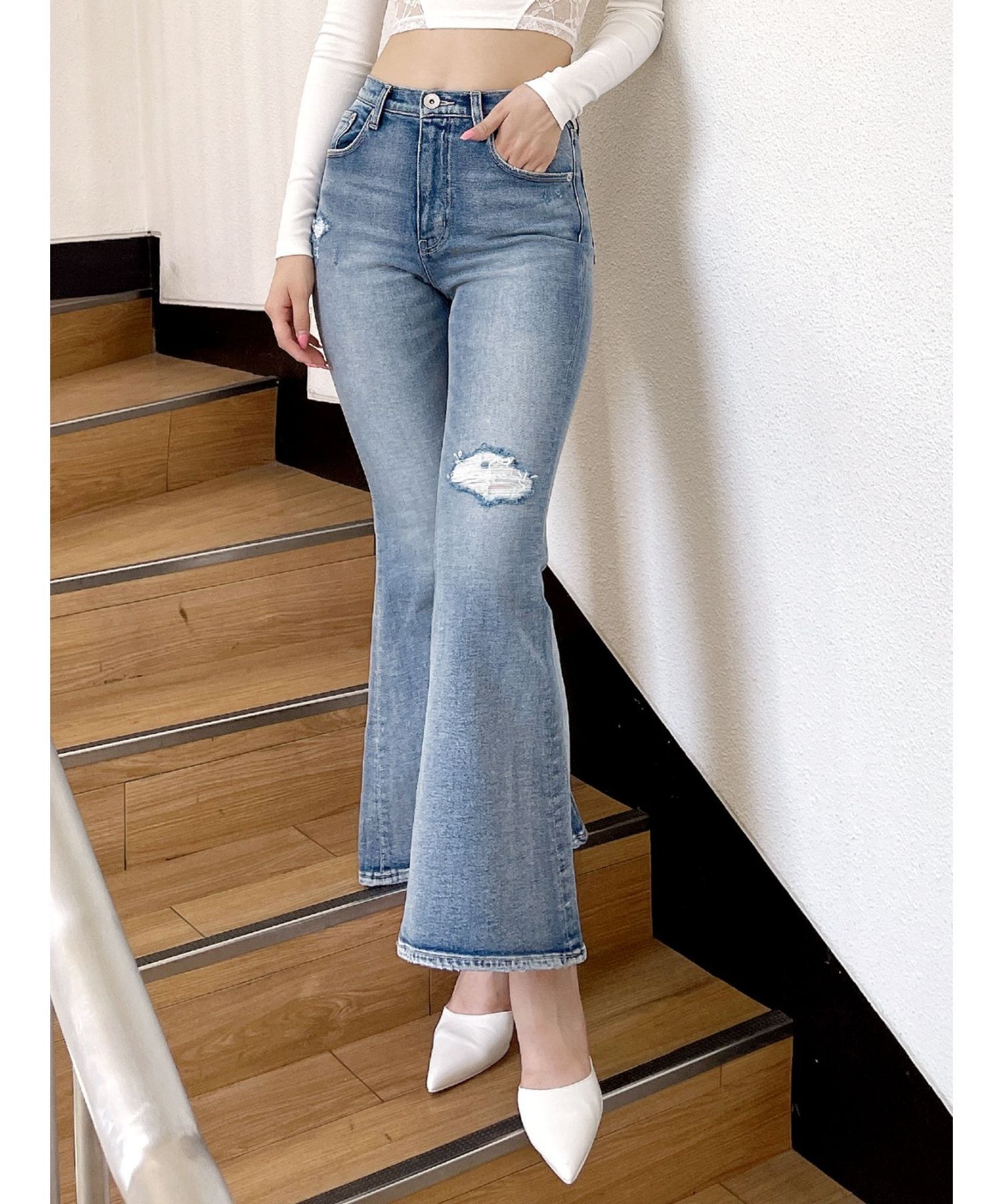 GYDA ハイウエストダメージフレアデニムパンツ
