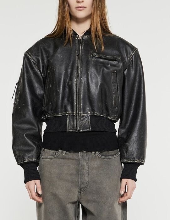 Acne Studios レザーボンバージャケット ブラック ロゴ