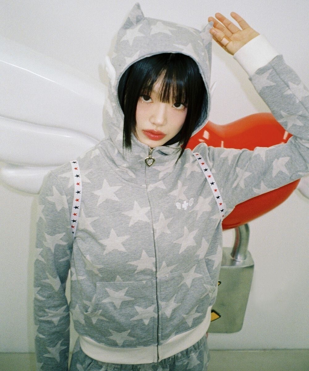 CLUT STUDIO Star Angel Wings Zip-Up Hoodie Top - Grey