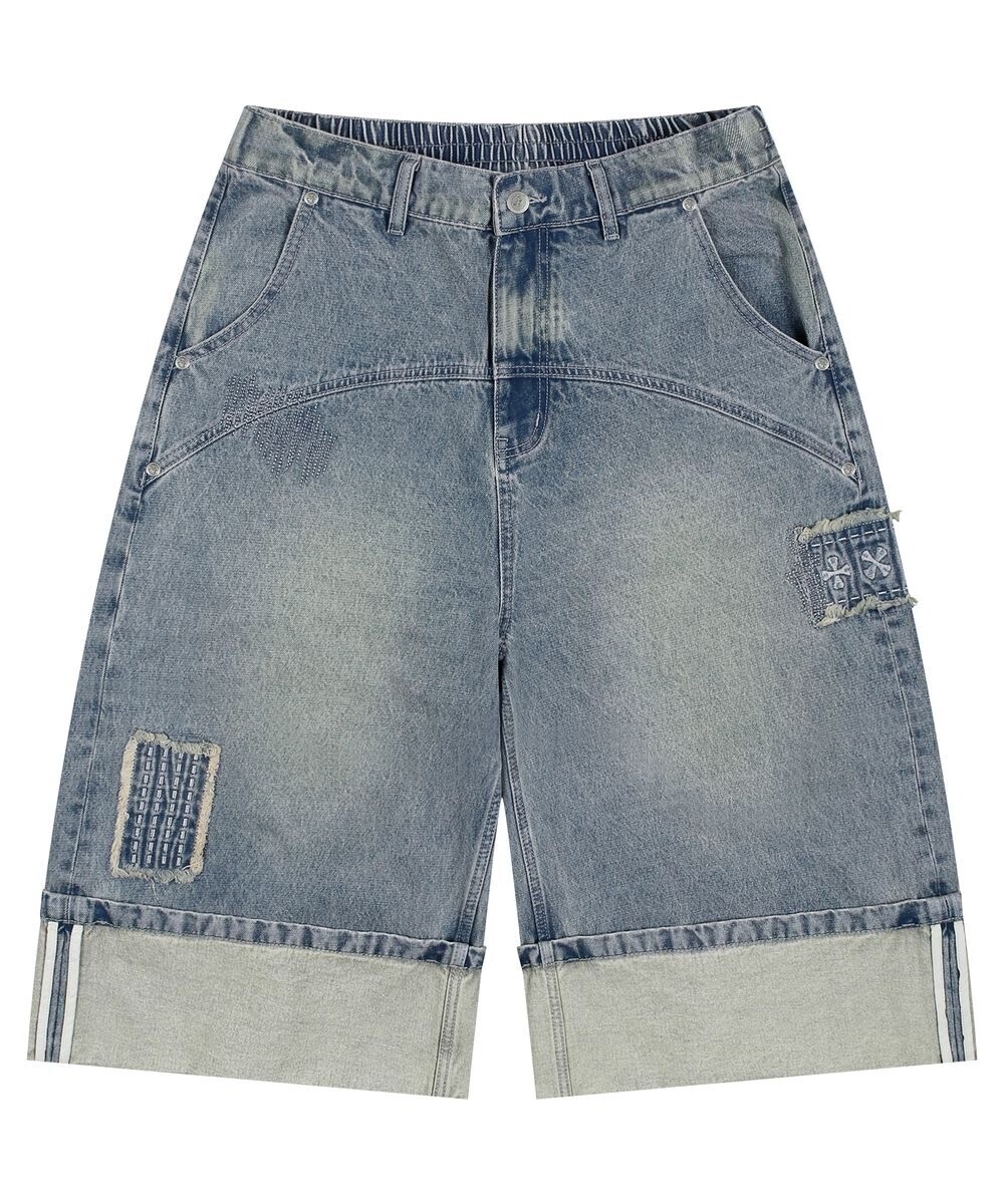 XTONZ XP284 Boro Patchwork Bermuda Denim Pants (BLUE)