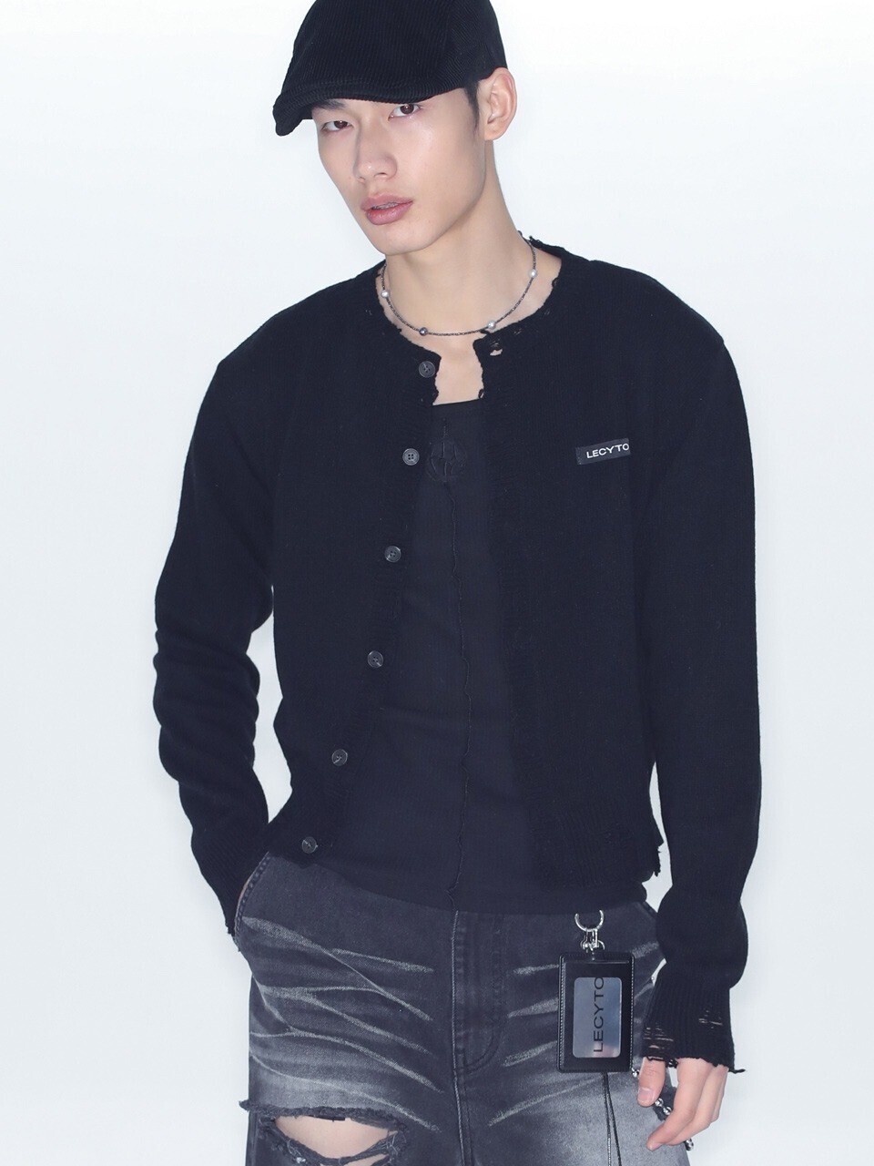 LECYTO DESTROYED ROUND WOOL KNIT CARDIGAN（BLACK )