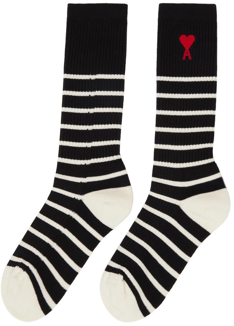 AMI Alexandre Mattiussi Black & Off-White Striped Ami de Cœur Socks
