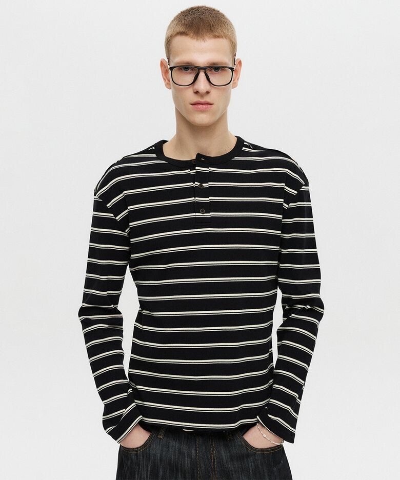 DNSR Henley Neck Stripe Long Sleeve
