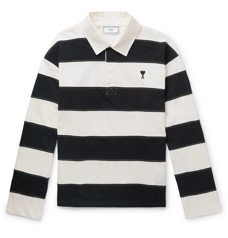 AMI Logo-Embroidered Striped Cotton-Jersey Rugby Shirt - White