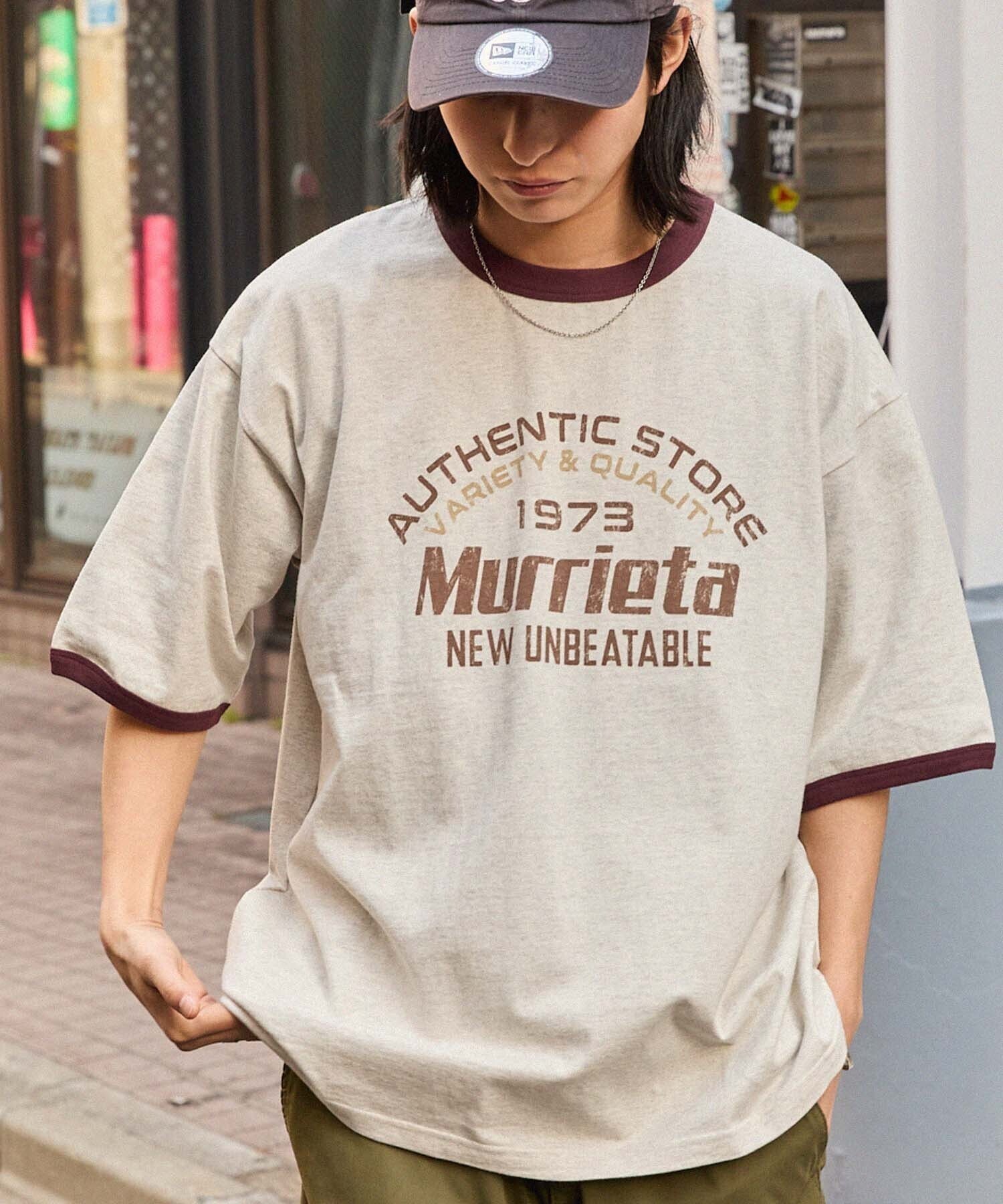 MONO-MART ヴィンテージライクロゴデザイン ビッグシルエットリンガー半袖Tシャツ