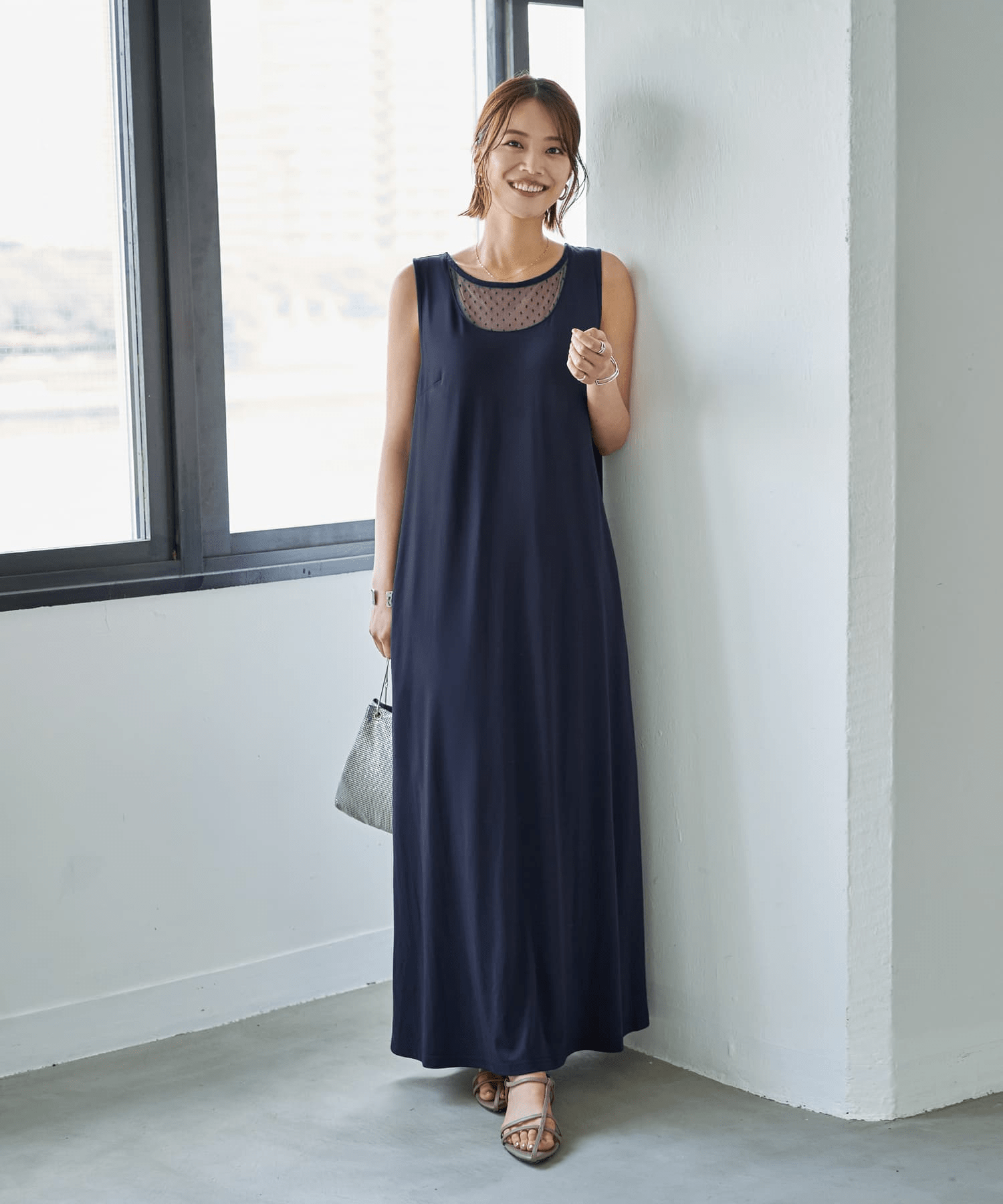 STYLE DELI デコルテがシアーなドット柄カットソーワンピース