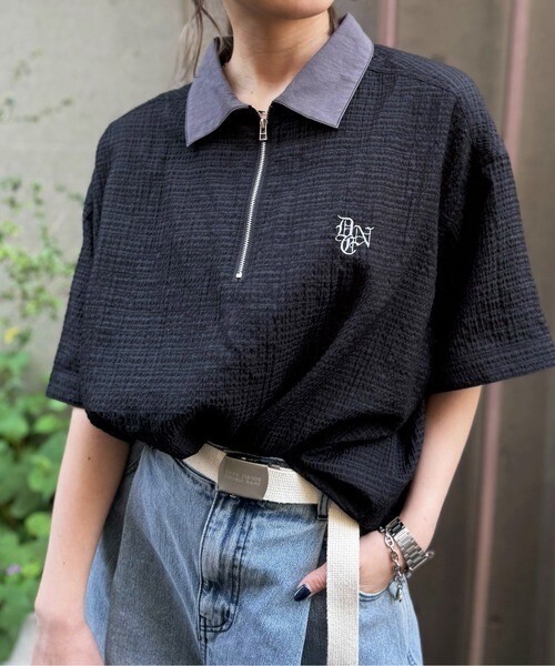 DOUBLE NAME シアーチェックハーフZIPシャツ