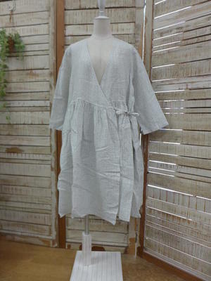 Vlas Blomme ミックスチェックブロックカシュクールワンピース
