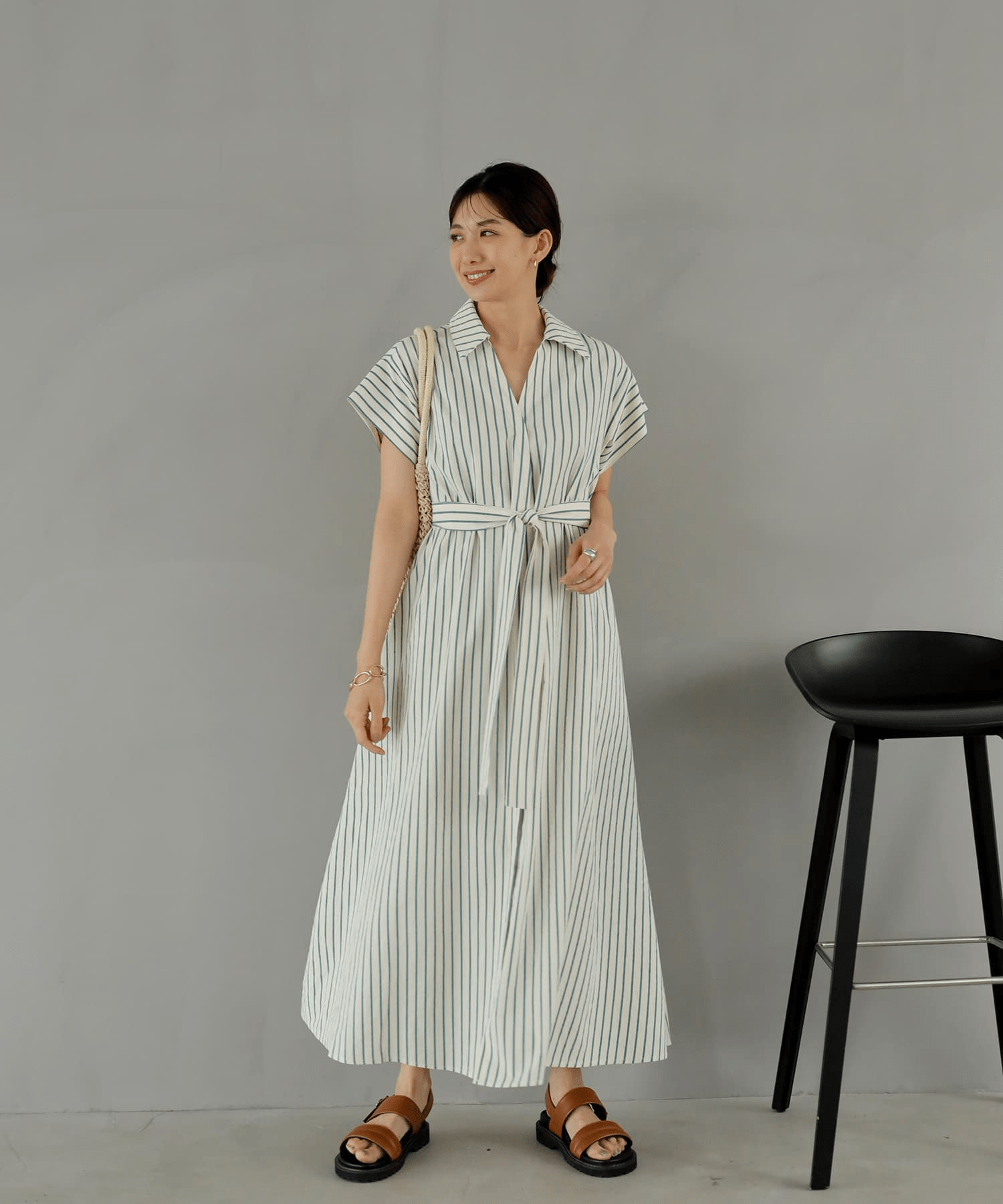 STYLE DELI 【LUXE】洗いコットンの半袖ストライプ柄シャツワンピース