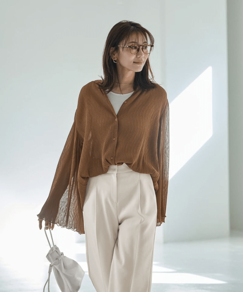 STYLE DELI シャーリングシフォン楊柳風ブラウス