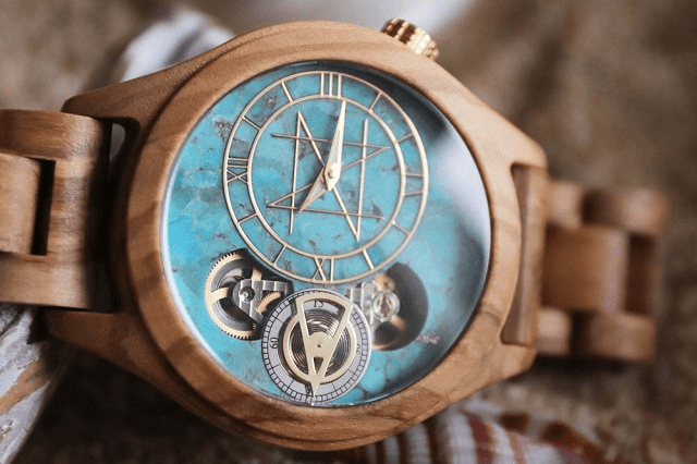 NOZ TIMEPIECES DOUBLE MOVEMENT MODEL ダブルムーブメントモデル/ターコイズ 45mm オリーブ天然木バンド