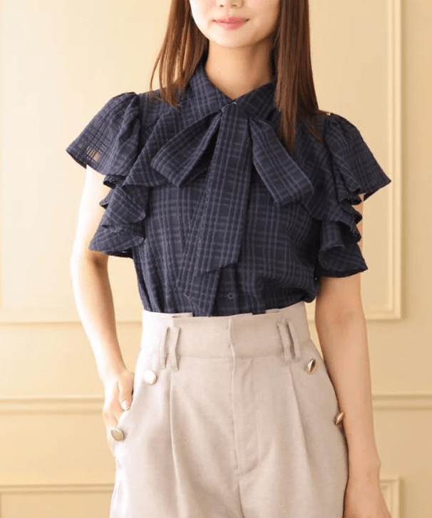 AND COUTURE シアーチェックフリルブラウス