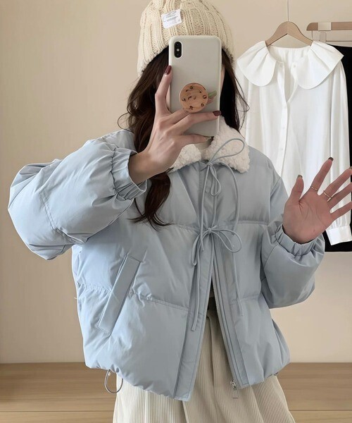 shopnikoniko 中綿ブルゾン リボンデザイン ボアカラー ボリューム 中綿ジャケット