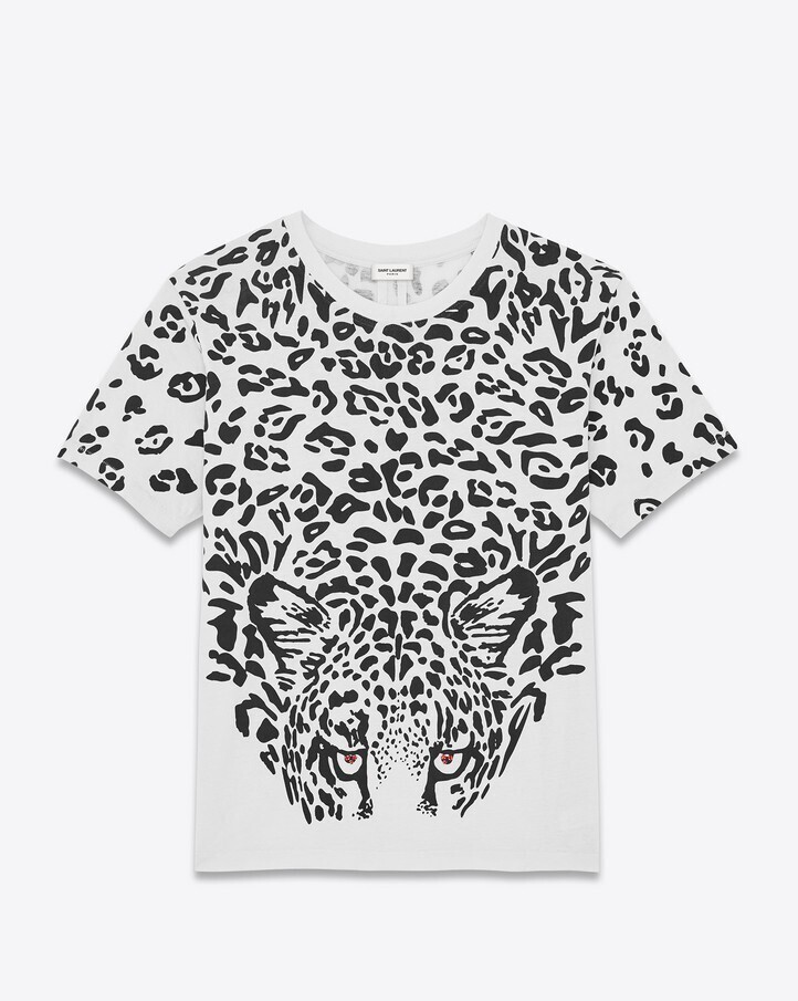 SAINT LAURENT PARIS パンクロック ショートスリーブTシャツ（アイボリー＆ブラック／レオパードプリント コットンジャージー＆レッドクリスタル）