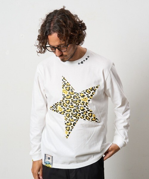 STUD MUFFIN ン/コットン天竺 レオパードスタースマイル 発泡プリント LS Tシャツ