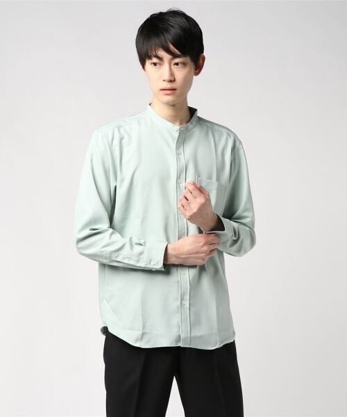 WESTSEA 日本製 バンドカラー長袖とろみシャツ 襟なしシャツ