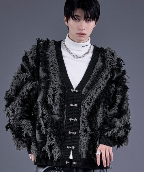 Ellno Loset メタルチャイナボタンフリンジニットカーディガン