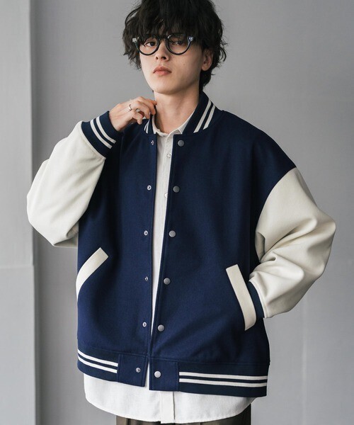 Rocky Monroe オーバーサイズテックメルトン/PUレザー切替スタジャン