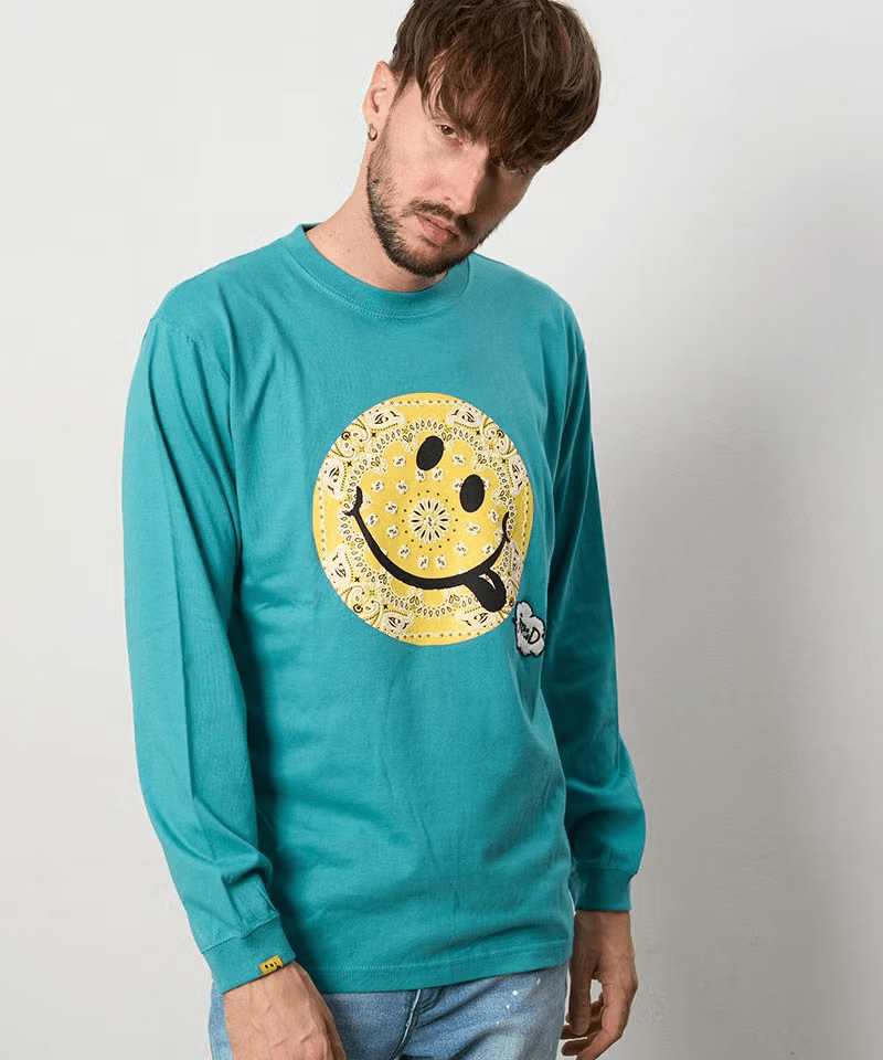 STUD MUFFIN 5.6ozコットン天竺 バンダナスマイルフォームプリントハンドニットパッチLS Tシャツ
