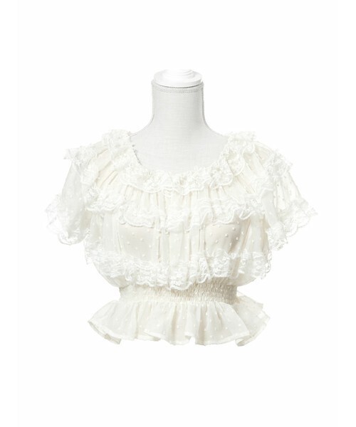 mon Lily ドットシフォンレースフリルトップス