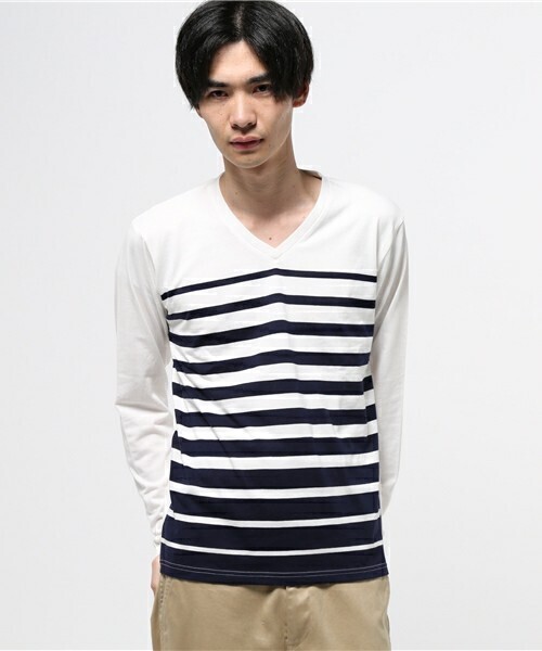 ikka グラデーションボーダーVネックTシャツ