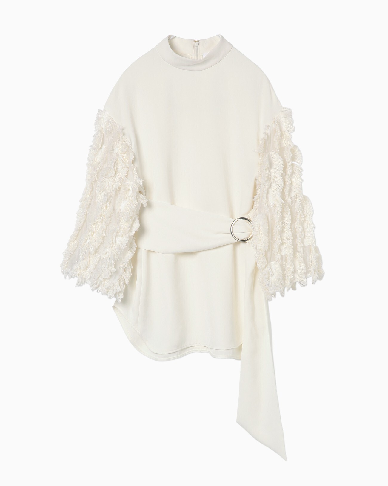 mame Woolly Cut Jacquard Sleeves Tops - white