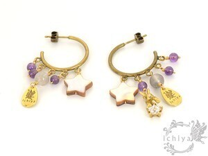 ichiya 【ILY-0009-sh-Bs】ichiya / うさぎと星のフープピアス　シェル、アメジスト、グレークラウディア