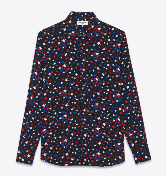 SAINT LAURENT PARIS シグネチャー イブ・カラー シャツ（ブラック＆ブルー＆レッド／スタープリント ビスコース）