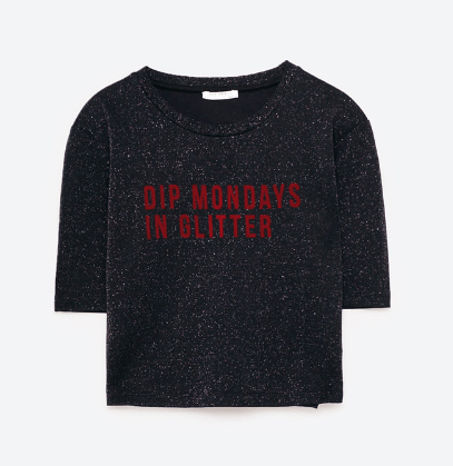 ZARA シャイニー生地クロップド丈Tシャツ