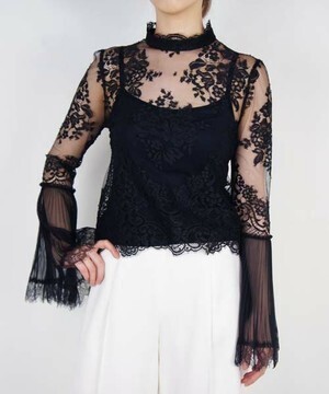 AULA AILA LEAVER LACE PLEATS SLEEVE BLOUSE