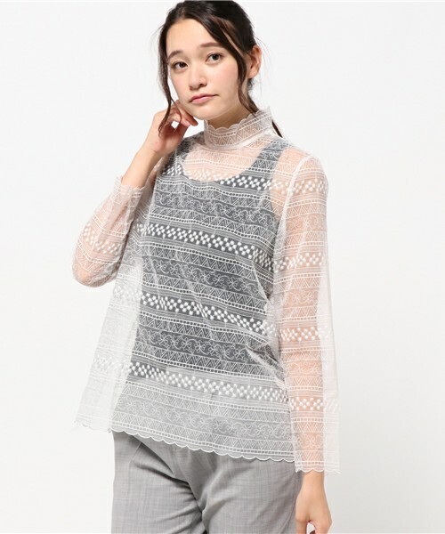 GREED International STRIP EMBROIDERY ハイネックロングブラウス