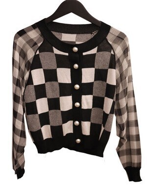Honey mi Honey Gingham pearl button knit cardigan