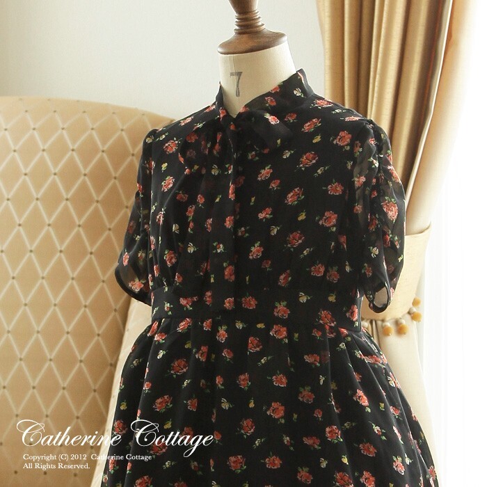 Catherine Cottage シフォンローズプリントワンピース