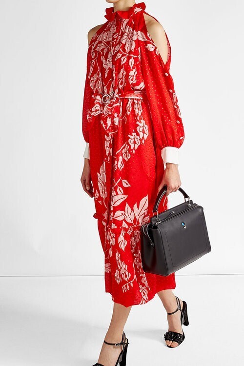 FENDI Floral Print Cold Shoulder Dress with Fil Coupé Silk