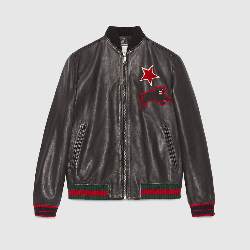 GUCCI エンブロイダリー付き レザー ボンバージャケット