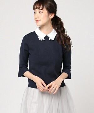 Rirandture 刺繍衿付きフレア袖ニットプルオーバー
